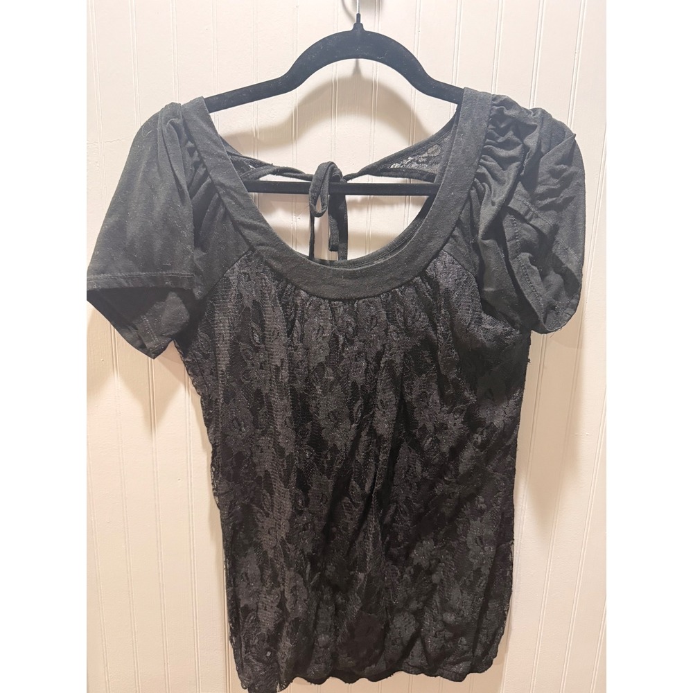 Self Esteem Black Lace Bubble Hem Top Short Sleeve Tie Back Scoop Neck Medium